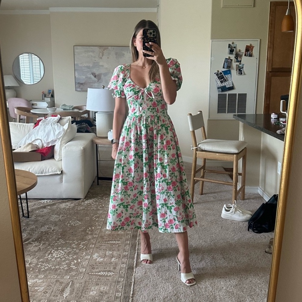 NEW Hill House The Ophelia Dress in Pink Roses Midi Puff Sleeves Size S